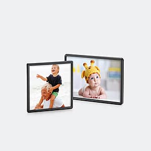 Framed photo magnets in 4x4 and 4x6 sizes with white borders, suitable for displaying on refrigerators or magnetic surfaces.