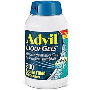 200-count bottle of Advil Liqui-Gels Minis containing 200mg ibuprofen pain reliever capsules.
