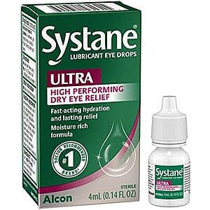 Systane Ultra Lubricant Eye Drops bottle, 0.14 oz size with blue and white packaging.