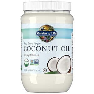 14 oz jar of Garden of Life Organic Extra Virgin Coconut Oil with unrefined, light-colored oil visible through clear glass packaging.
