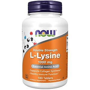 Bottle of NOW Foods L-Lysine 1,000mg Double Strength Amino Acid Supplement containing 100 capsules.