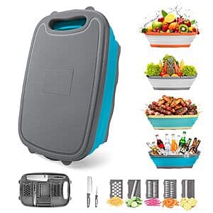 Gintan 9-in-1 collapsible cutting board in various colors with integrated colander, multiple chopping blades, 2 knives, and vegetable washing basket.