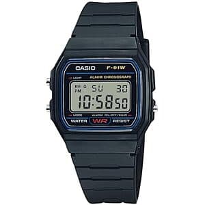 Casio F-91W classic digital watch with black resin band and rectangular digital display face, 18.5mm case size.