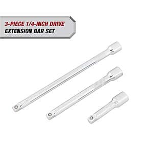 Hyper Tough chrome vanadium steel 1/4" drive extension bar set with three pieces in 2", 4", and 6" lengths.
