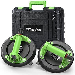 TaskStar 2-count pack of 8-inch light green suction cup lifters with pump handles and vacuum indicators for heavy-duty lifting.