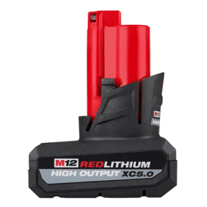 Milwaukee M12 XC5.0 HO battery pack, compact cylindrical lithium-ion battery with M12 connector and orange/black Milwaukee branding.