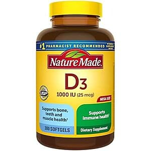 Bottle of Nature Made Vitamin D3 1000 IU softgels, 300 count.