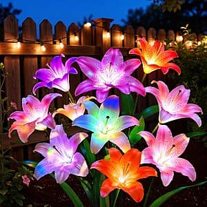 LETMY solar-powered flower lights with 6-head lily design in a 4-pack, featuring 24 colorful artificial flowers with LED illumination.