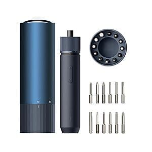 HOTO USB-C rechargeable electric screwdriver with black and silver finish and 12 interchangeable bits.