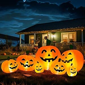 Gigalumi 7.5-foot tall orange inflatable pumpkin with integrated LED lights for outdoor Halloween decoration.