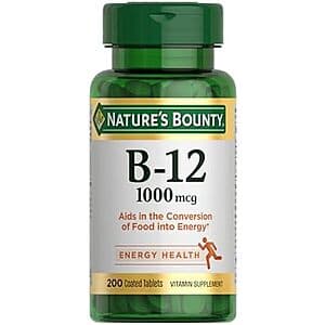 Nature's Bounty B12 Vitamin Tablets bottle containing 200 red tablets, labeled 1000mcg strength.