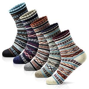 Five pairs of MORECOO women's thick wool crew socks in assorted multi-colors, displayed together.