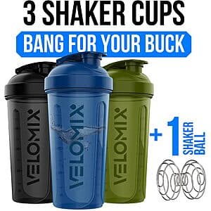 3-Pk 14-Oz VELOMIX Protein Shaker Bottles (Green, Black, Blue) $7