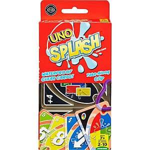 Mattel Uno Splash waterproof card game in blue packaging with take-along clip attachment for portable play.