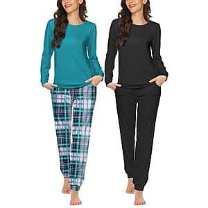 2-pk 2-pc Ekouaer Women's Long Sleeve Crew Neck Top & Jogger Pajama Set (various) $20