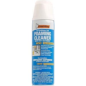 19-oz bottle of Frost King ACF19 air conditioner coil foaming cleaner with product label and spray nozzle.