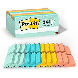 24-pack of Post-it Notes with 100 sheets per pad in standard 1-3/8" x 1-7/8" size.