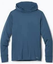 Men's gray stretch knit hoodie sun shirt with UPF 50+ protection, displayed on a mannequin.