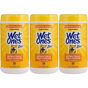 Select Accts: 3-Pk 50-Ct Wet Ones for Pets Antibacterial Dog Wipes w/ Aloe Vera $5.60 w/ S&S