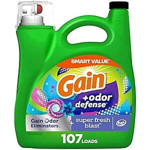 154-Oz Gain + Odor Defense Liquid Laundry Detergent (Super Fresh Blast) $11.40 w/ S&S