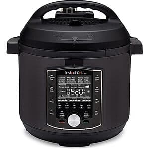 Instant Pot Pro 8-quart stainless steel pressure cooker with digital control panel and locking lid.