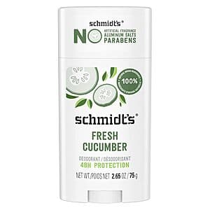 Schmidt's Aluminum-Free Natural Deodorant Stick in Fresh Cucumber, a white cylindrical stick deodorant in a cardboard tube.