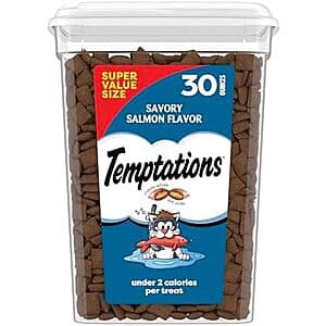 30-oz bag of Temptations Classic Crunchy & Soft Cat Treats in Savory Salmon flavor with orange and tan packaging.