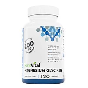 PlantVital bottle of 120-count 200mg Magnesium Glycinate supplement capsules with non-GMO label.