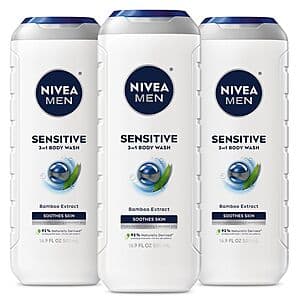 3-pk 16.9-oz NIVEA MEN Sensitive 3-in-1 Body Wash (Bamboo Extract) 2 for $16.15 & More w/ S&S