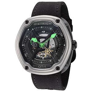 Watch featuring a silver bezel with a black dial face.