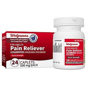 24-Count Walgreens Extra Strength 500 mg Acetaminophen Pain Reliever Caplets $0.70 + Free Store Pickup on $10+ Order