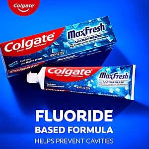 6.3-ounce tube of Colgate MaxFresh Cool Mint Toothpaste with mint-green packaging.