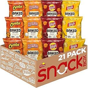 21-pack of Frito-Lay Baked Variety Pack with assorted 0.875-oz bags of baked snacks in colorful packaging.