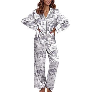 2-Pc Ekouaer Women's Satin Long Sleeve Button-Down Pajama Set $11