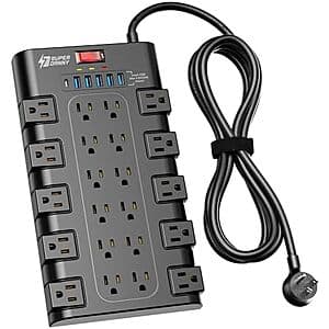 SUPERDANNY 2100J surge protector with white body, 22 outlets arranged on front panel, 6 USB ports integrated, and 6.5-foot black power cord.
