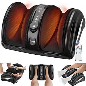 TISSCARE FeetFlo C1 shiatsu foot massager with dark casing, control panel with intensity settings, and foot wells for heat and air compression therapy.