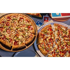 Domino's specialty pizza with cheese and toppings.