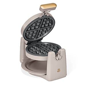 Beautiful by Drew Barrymore 900W rotating Belgian waffle maker in porcini taupe finish with ceramic nonstick coating.