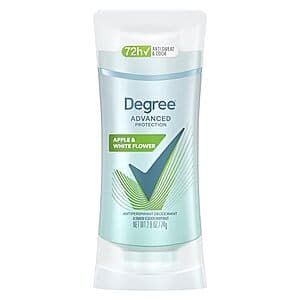 2.6-oz stick of Degree Advanced Antiperspirant Deodorant in White Flowers & Lychee scent with white and purple packaging.