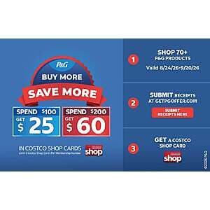Costco Members: P&G Buy More, Save More Promotion: Receive $25 Costco Card w/ Purchase of $100+ & More (Valid thru 9/20)