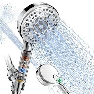 SunCleanse filtered handheld shower head in Chrome finish with multiple spray setting buttons and integrated water filter cartridge.