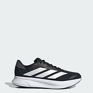 Pair of adidas Duramo SL 2 Wide running shoes in Core Black with Cloud White and Grey Five accents, featuring mesh upper construction and lace closure.