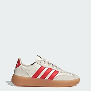 adidas Men's Barreda Decode low-top sneaker in off white, scarlet red, and alumina with lace closure and rubber sole.