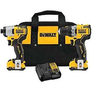 DeWALT Xtreme 12V Max XR Brushless Drill/Impact Driver Kit with two 2Ah batteries and compact charger.