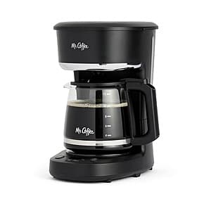 Mr. Coffee 12-cup black drip coffee maker with programmable digital display and carafe.