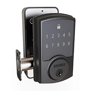Brinks electronic deadbolt with backlit touchpad in Tuscan Bronze or Matte Black finish, mounted on a door frame showing the modern touchpad design.