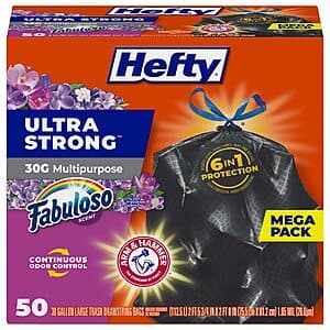 Prime: 50-ct 30-gallon Hefty Ultra Strong Trash Bags (Black, Fabuloso Scent) $11.35 w/ S&S
