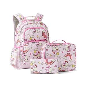 Pink school backpack with coordinating lunch tote and pencil case from Amazon Essentials kids collection.