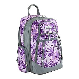 Eastsport Diamond Expandable Recycled Backpack in Hibiscus Edge with 19" x 13" x 9" dimensions, made from recycled polyester.