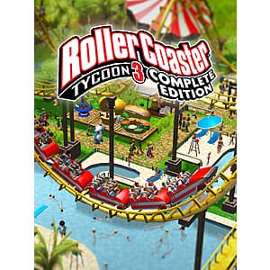 RollerCoaster Tycoon 3 Complete Edition PC game cover art featuring an amusement park with roller coasters.